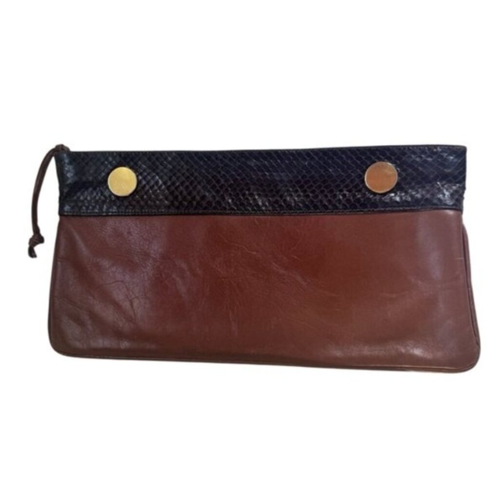 Holt Renfrew Vintage 70s Leather Snakeskin Print Clutch Bag Gold Brown Black Zip